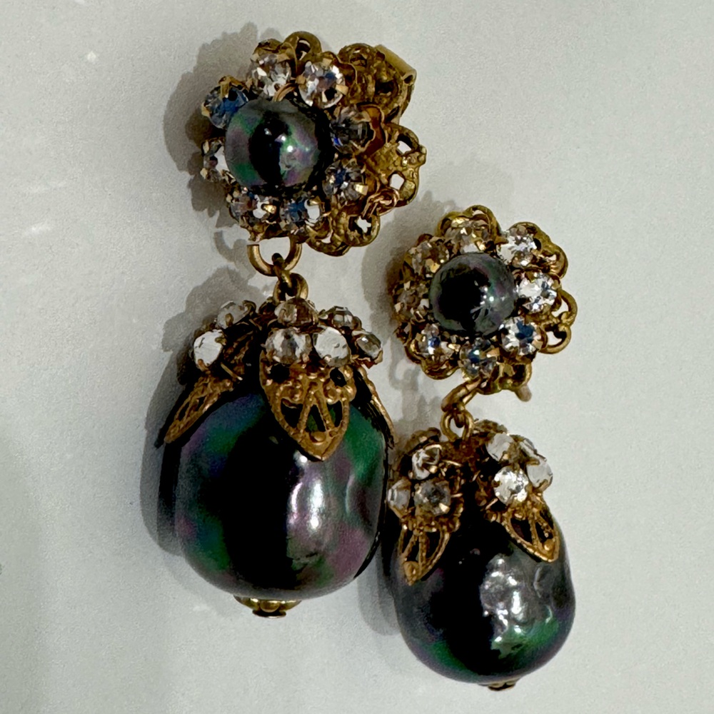 Sign Miriam Haskell Black Huge Pearls Crystal Rhinestones Earrings
